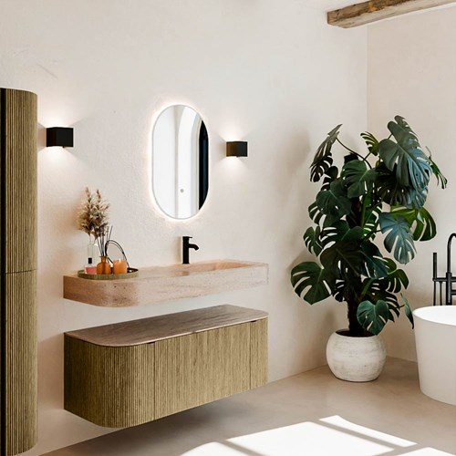 THOR-DLUX 120cm meubles de salle de bains courbe gauche + droite couleur Dusk avec 1 tiroir et 2 portes. Lavabo suspendu CLOUD Droite 1 trou pour robinetter couleur Saba.