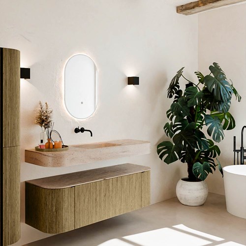THOR-DLUX 140cm meubles de salle de bains courbe gauche + droite couleur Dusk avec 1 tiroir et 2 portes. Lavabo suspendu CLOUD Centrée sans trou pour robinet couleur Saba.