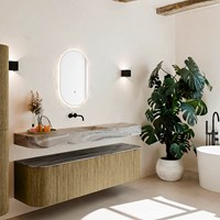 THOR-DLUX 170cm mueble de baño curva izquierda + derecha color Dusk con 1 cajón y 2 puertas. Lavabo suspendido CLOUD Centro sin orificio color Sombra.