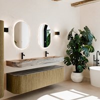 THOR-DLUX 170cm mueble de baño curva izquierda + derecha color Dusk con 1 cajón y 2 puertas. Lavabo suspendido CLOUD Doble 2 orificios color Sombra.