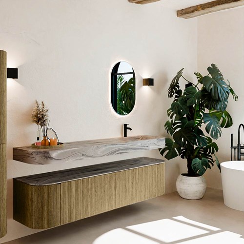 THOR-DLUX 190cm mueble de baño curva izquierda + derecha color Dusk con 2 cajones y 2 puertas. Lavabo suspendido CLOUD Derecho 1 orificio color Sombra.