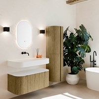 THOR 100cm meubles de salle de bains courbe gauche + droite couleur Dusk avec 1 tiroir et 2 portes. Lavabo suspendu CLOUD Centrée sans trou pour robinet couleur Talc.
