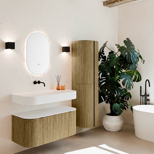 THOR 100cm meubles de salle de bains courbe gauche + droite couleur Dusk avec 1 tiroir et 2 portes. Lavabo suspendu CLOUD Centrée sans trou pour robinet couleur Talc.
