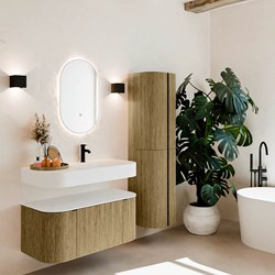 THOR 100cm meubles de salle de bains courbe gauche + droite couleur Dusk avec 1 tiroir et 2 portes. Lavabo suspendu CLOUD Droite 1 trou pour robinetter couleur Talc.