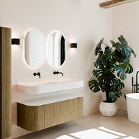 THOR 130cm meubles de salle de bains courbe gauche + droite couleur Dusk avec 1 tiroir et 2 portes. Lavabo suspendu CLOUD Double sans trou pour robinet couleur Talc.
