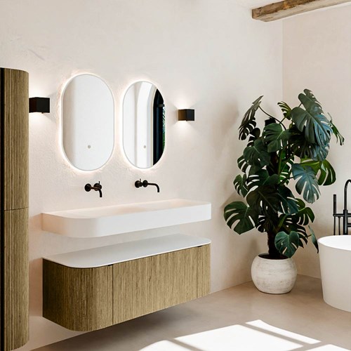 THOR 130cm meubles de salle de bains courbe gauche + droite couleur Dusk avec 1 tiroir et 2 portes. Lavabo suspendu CLOUD Double sans trou pour robinet couleur Talc.