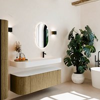 THOR 140cm mueble de baño curva izquierda + derecha color Dusk con 1 cajón y 2 puertas. Lavabo suspendido CLOUD Derecho 1 orificio color Talc.