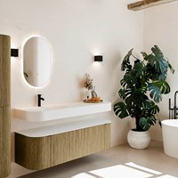 THOR 150cm meubles de salle de bains courbe gauche + droite couleur Dusk avec 1 tiroir et 2 portes. Lavabo suspendu CLOUD Gauche 1 trou pour robinetter couleur Talc.