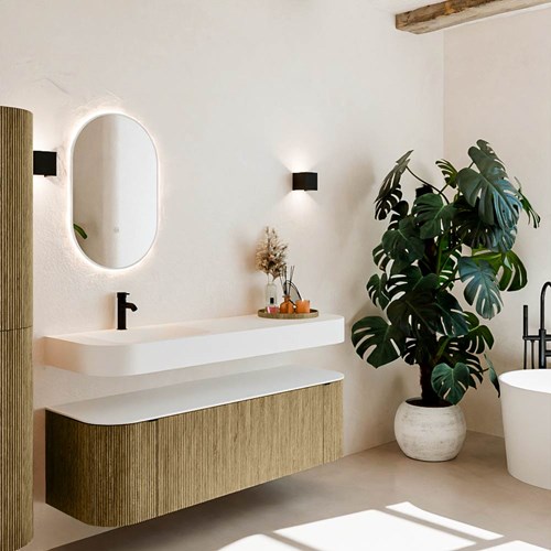 THOR 150cm meubles de salle de bains courbe gauche + droite couleur Dusk avec 1 tiroir et 2 portes. Lavabo suspendu CLOUD Gauche 1 trou pour robinetter couleur Talc.