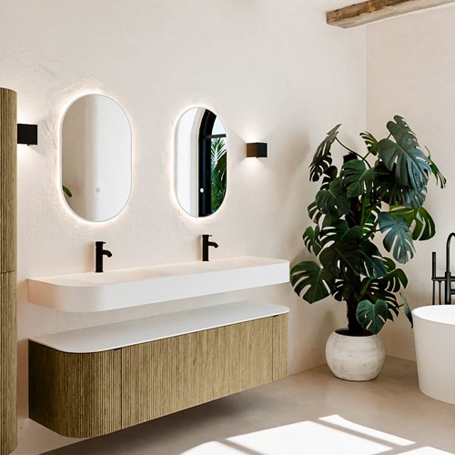 THOR 160cm mueble de baño curva izquierda + derecha color Dusk con 1 cajón y 2 puertas. Lavabo suspendido CLOUD Doble 2 orificios color Talc.