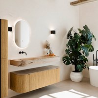 THOR-DLUX 140cm bathroom vanity set curve left + right color Oak with 1 drawer and 2 doors. Wall mounted sink CLOUD Left without tab hole color Arena.