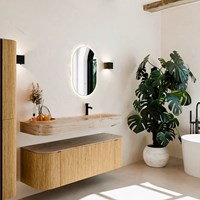 THOR-DLUX 140cm mueble de baño curva izquierda + derecha color Oak con 1 cajón y 2 puertas. Lavabo suspendido CLOUD Derecho 1 orificio color Arena.