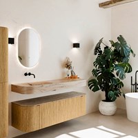 THOR-DLUX 150cm badmeubel ronding links + rechts kleur Oak met 1 lade en 2 deuren. Vrijhangende wastafel CLOUD Links zonder kraangat kleur Arena.