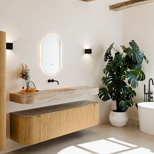 THOR-DLUX 170cm mueble de baño curva izquierda + derecha color Oak con 1 cajón y 2 puertas. Lavabo suspendido CLOUD Centro sin orificio color Arena.