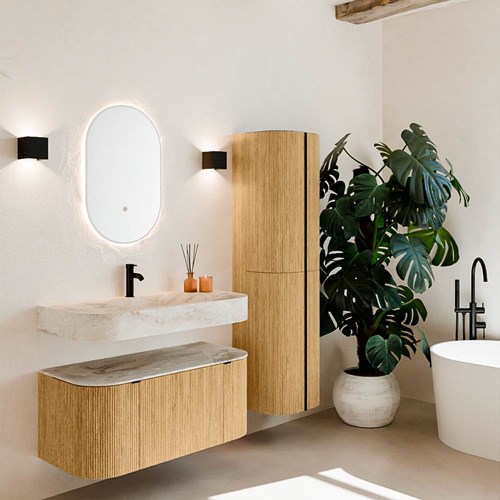 THOR-DLUX 100cm badmeubel ronding links + rechts kleur Oak met 1 lade en 2 deuren. Vrijhangende wastafel CLOUD Midden 1 kraangat kleur Frappe.