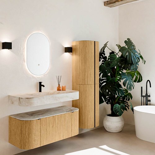 THOR-DLUX 110cm badmeubel ronding links + rechts kleur Oak met 1 lade en 2 deuren. Vrijhangende wastafel CLOUD Midden 1 kraangat kleur Frappe.