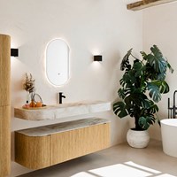 THOR-DLUX 150cm meubles de salle de bains courbe gauche + droite couleur Oak avec 1 tiroir et 2 portes. Lavabo suspendu CLOUD Centrée 1 trou pour robinetter couleur Frappe.