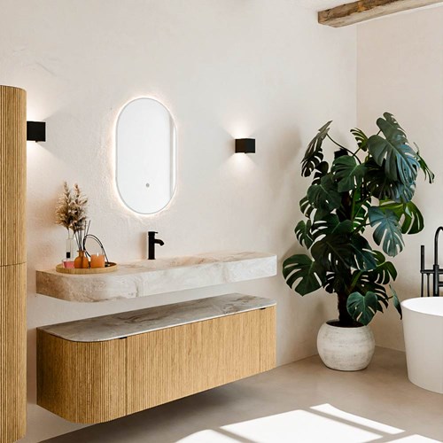 THOR-DLUX 150cm meubles de salle de bains courbe gauche + droite couleur Oak avec 1 tiroir et 2 portes. Lavabo suspendu CLOUD Centrée 1 trou pour robinetter couleur Frappe.