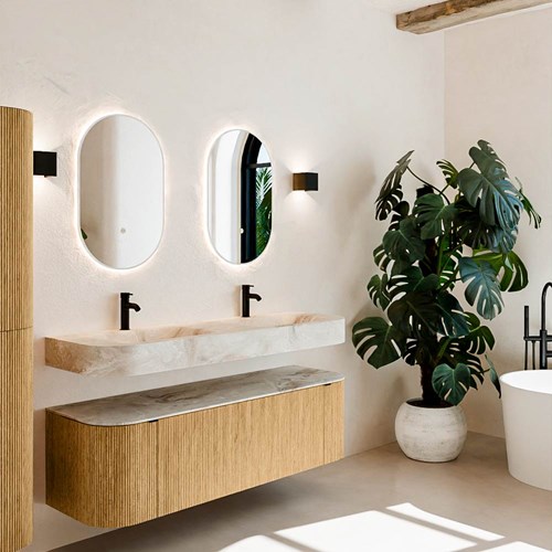 THOR-DLUX 150cm meubles de salle de bains courbe gauche + droite couleur Oak avec 1 tiroir et 2 portes. Lavabo suspendu CLOUD Double 2 trous robinetterie couleur Frappe.