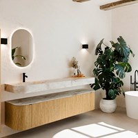 THOR-DLUX 200cm mueble de baño curva izquierda + derecha color Oak con 2 cajones y 2 puertas. Lavabo suspendido CLOUD Izquierda 1 orificio color Frappe.