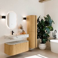 THOR-DLUX 100cm meubles de salle de bains courbe gauche + droite couleur Oak avec 1 tiroir et 2 portes. Lavabo suspendu CLOUD Gauche 1 trou pour robinetter couleur Glace.