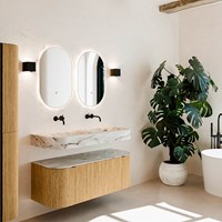 THOR-DLUX 120cm meubles de salle de bains courbe gauche + droite couleur Oak avec 1 tiroir et 2 portes. Lavabo suspendu CLOUD Double sans trou pour robinet couleur Glace.