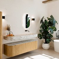 THOR-DLUX 160cm mueble de baño curva izquierda + derecha color Oak con 1 cajón y 2 puertas. Lavabo suspendido CLOUD Derecho sin orificio color Glace.