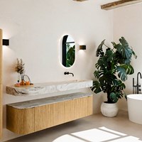 THOR-DLUX 180cm meubles de salle de bains courbe gauche + droite couleur Oak avec 2 tiroirs et 2 portes. Lavabo suspendu CLOUD Droite sans trou pour robinet couleur Glace.