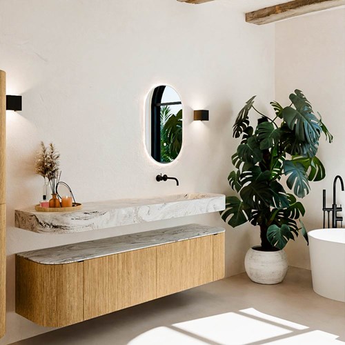 THOR-DLUX 180cm meubles de salle de bains courbe gauche + droite couleur Oak avec 2 tiroirs et 2 portes. Lavabo suspendu CLOUD Droite sans trou pour robinet couleur Glace.