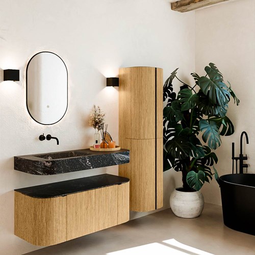 THOR-DLUX 110cm badmeubel ronding links + rechts kleur Oak met 1 lade en 2 deuren. Vrijhangende wastafel CLOUD Links zonder kraangat kleur Lava.