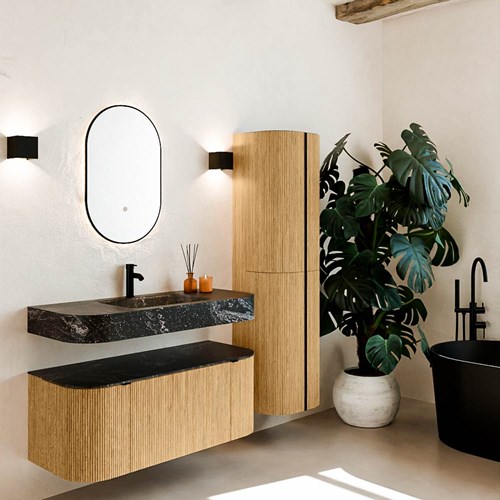 THOR-DLUX 110cm badmeubel ronding links + rechts kleur Oak met 1 lade en 2 deuren. Vrijhangende wastafel CLOUD Midden 1 kraangat kleur Lava.