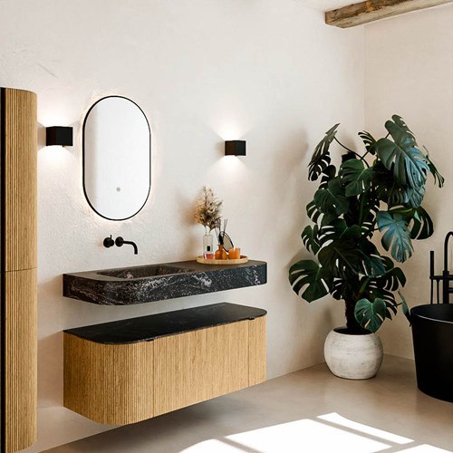 THOR-DLUX 120cm meubles de salle de bains courbe gauche + droite couleur Oak avec 1 tiroir et 2 portes. Lavabo suspendu CLOUD Gauche sans trou pour robinet couleur Lava.