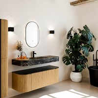 THOR-DLUX 130cm meubles de salle de bains courbe gauche + droite couleur Oak avec 1 tiroir et 2 portes. Lavabo suspendu CLOUD Centrée 1 trou pour robinetter couleur Lava.