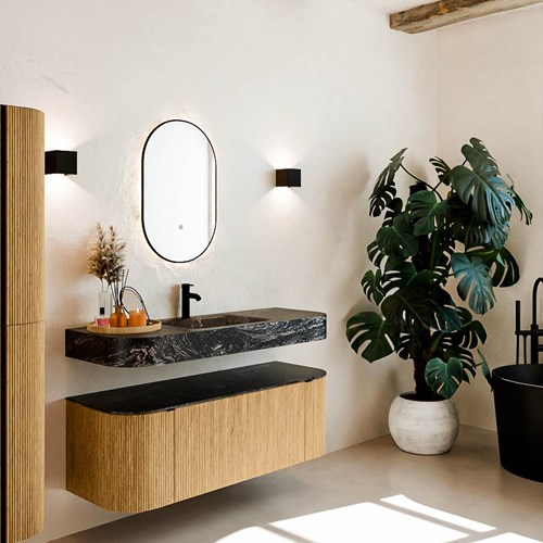 THOR-DLUX 130cm meubles de salle de bains courbe gauche + droite couleur Oak avec 1 tiroir et 2 portes. Lavabo suspendu CLOUD Centrée 1 trou pour robinetter couleur Lava.
