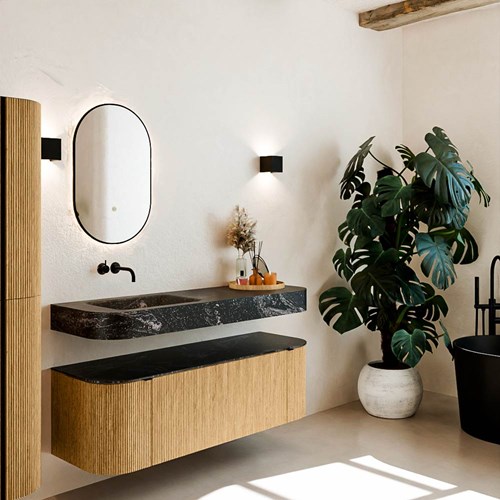 THOR-DLUX 140cm badmeubel ronding links + rechts kleur Oak met 1 lade en 2 deuren. Vrijhangende wastafel CLOUD Links zonder kraangat kleur Lava.