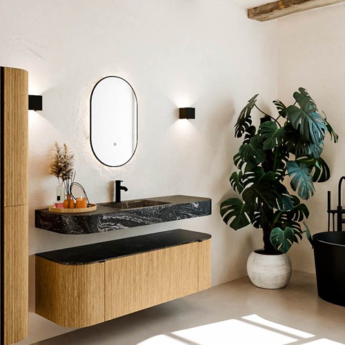THOR-DLUX 140cm badmeubel ronding links + rechts kleur Oak met 1 lade en 2 deuren. Vrijhangende wastafel CLOUD Midden 1 kraangat kleur Lava.