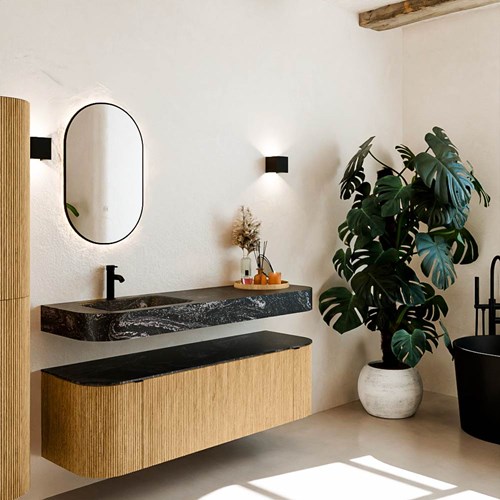 THOR-DLUX 150cm badmeubel ronding links + rechts kleur Oak met 1 lade en 2 deuren. Vrijhangende wastafel CLOUD Links 1 kraangat kleur Lava.