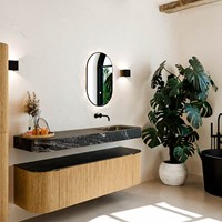 THOR-DLUX 160cm meubles de salle de bains courbe gauche + droite couleur Oak avec 1 tiroir et 2 portes. Lavabo suspendu CLOUD Droite sans trou pour robinet couleur Lava.