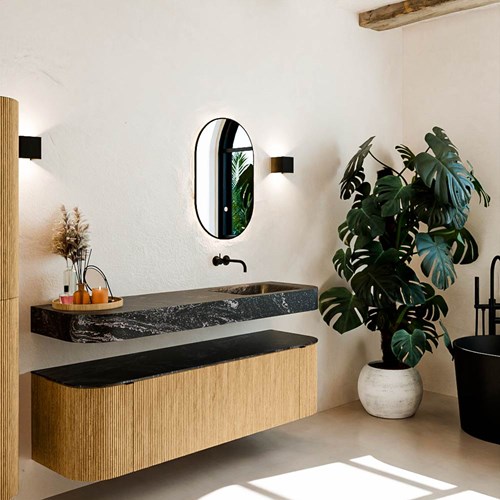 THOR-DLUX 160cm meubles de salle de bains courbe gauche + droite couleur Oak avec 1 tiroir et 2 portes. Lavabo suspendu CLOUD Droite sans trou pour robinet couleur Lava.