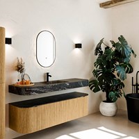 THOR-DLUX 160cm meubles de salle de bains courbe gauche + droite couleur Oak avec 1 tiroir et 2 portes. Lavabo suspendu CLOUD Centrée 1 trou pour robinetter couleur Lava.