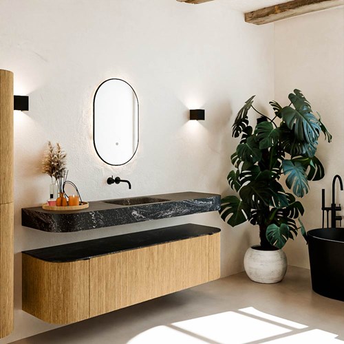 THOR-DLUX 170cm badmeubel ronding links + rechts kleur Oak met 1 lade en 2 deuren. Vrijhangende wastafel CLOUD Midden zonder kraangat kleur Lava.