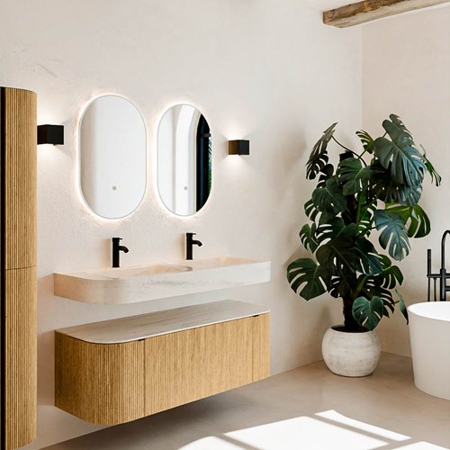 THOR-DLUX 130cm meubles de salle de bains courbe gauche + droite couleur Oak avec 1 tiroir et 2 portes. Lavabo suspendu CLOUD Double 2 trous robinetterie couleur Meli.