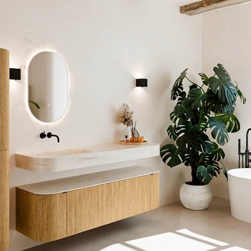 THOR-DLUX 160cm bathroom vanity set curve left + right color Oak with 1 drawer and 2 doors. Wall mounted sink CLOUD Left without tab hole color Meli.