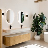 THOR-DLUX 160cm meubles de salle de bains courbe gauche + droite couleur Oak avec 1 tiroir et 2 portes. Lavabo suspendu CLOUD Double 2 trous robinetterie couleur Meli.