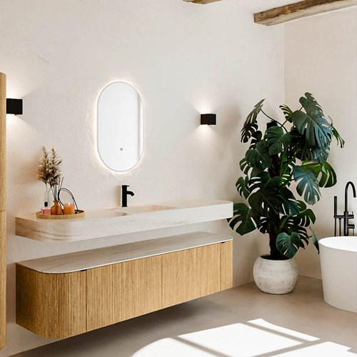 THOR-DLUX 180cm meubles de salle de bains courbe gauche + droite couleur Oak avec 2 tiroirs et 2 portes. Lavabo suspendu CLOUD Centrée 1 trou pour robinetter couleur Meli.
