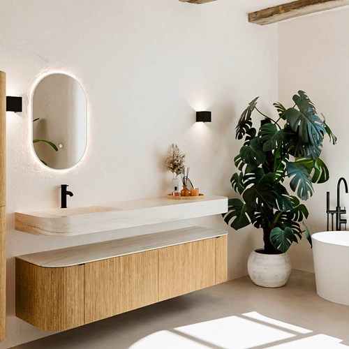 THOR-DLUX 180cm mueble de baño curva izquierda + derecha color Oak con 2 cajones y 2 puertas. Lavabo suspendido CLOUD Izquierda 1 orificio color Meli.