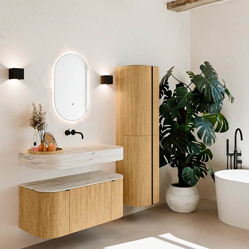 THOR-DLUX 100cm bathroom vanity set curve left + right color Oak with 1 drawer and 2 doors. Wall mounted sink CLOUD Right without tab hole color Nata.