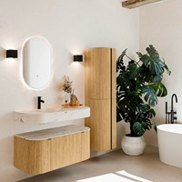 THOR-DLUX 100cm meubles de salle de bains courbe gauche + droite couleur Oak avec 1 tiroir et 2 portes. Lavabo suspendu CLOUD Gauche 1 trou pour robinetter couleur Nata.