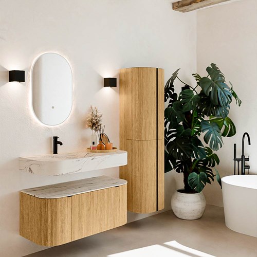 THOR-DLUX 100cm meubles de salle de bains courbe gauche + droite couleur Oak avec 1 tiroir et 2 portes. Lavabo suspendu CLOUD Gauche 1 trou pour robinetter couleur Nata.