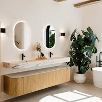 THOR-DLUX 200cm meubles de salle de bains courbe gauche + droite couleur Oak avec 2 tiroirs et 2 portes. Lavabo suspendu CLOUD Double 2 trous robinetterie couleur Nata.
